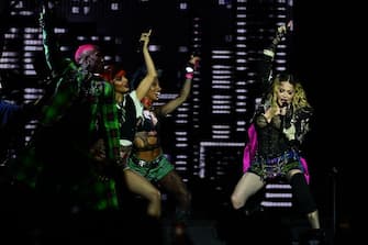 TOPSHOT - US pop star Madonna performs onstage during a free concert at Copacabana beach in Rio de Janeiro, Brazil, on May 4, 2024.Â . Madonna ended her "The Celebration Tour" with a performance attended by some 1.5 million enthusiastic fans. (Photo by Pablo PORCIUNCULA / AFP) (Photo by PABLO PORCIUNCULA/AFP via Getty Images)