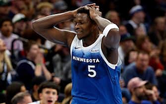 MINNEAPOLIS, MINNESOTA - NOVEMBER 24: Anthony Edwards #5 of the Minnesota Timberwolves reacts to his missed basket against the Sacramento Kings in the third quarter during an NBA In-Season Tournament game at Target Center on November 24, 2023 in Minneapolis, Minnesota. The Kings defeated the Timberwolves 124-111. NOTE TO USER: User expressly acknowledges and agrees that, by downloading and or using this photograph, User is consenting to the terms and conditions of the Getty Images License Agreement. (Photo by David Berding/Getty Images)