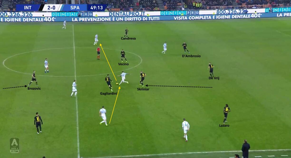 Petagna trova spazio per ricevere dietro il centrocampo dell'Inter