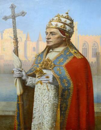 Portrait of Pope Clement VI in Ceremonial Dress. Detail from Triptych Builders of the Papal Palace by Henri Rondel 1915-16. Papal Palace Avignon