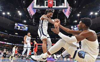 MEMPHIS, TENNESSEE - FEBRUARY 07: Ja Morant #12 of the Memphis Grizzlies and Jaren Jackson Jr. #13 of the Memphis Grizzlies during the game against the Chicago Bulls at FedExForum on February 07, 2023 in Memphis, Tennessee. NOTE TO USER: User expressly acknowledges and agrees that, by downloading and or using this photograph, User is consenting to the terms and conditions of the Getty Images License Agreement. (Photo by Justin Ford/Getty Images)