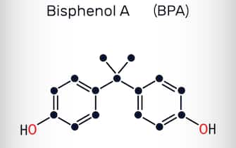 2B39KJ7 Bisphenol A, BPA, C15H16O2 molecule. It is precursor to polycarbonate plastics and epoxy resins. Structural chemical formula. Vector illustration