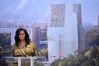 CHICAGO, ILLINOIS - SEPTEMBER 28: Former first lady Michelle Obama speaks during a ceremonial groundbreaking at the Obama Presidential Center in Jackson Park on September 28, 2021 in Chicago, Illinois. Construction of the center was delayed by a long legal battle undertaken by residents who objected to the center being built in a city park.   (Photo by Scott Olson/Getty Images)