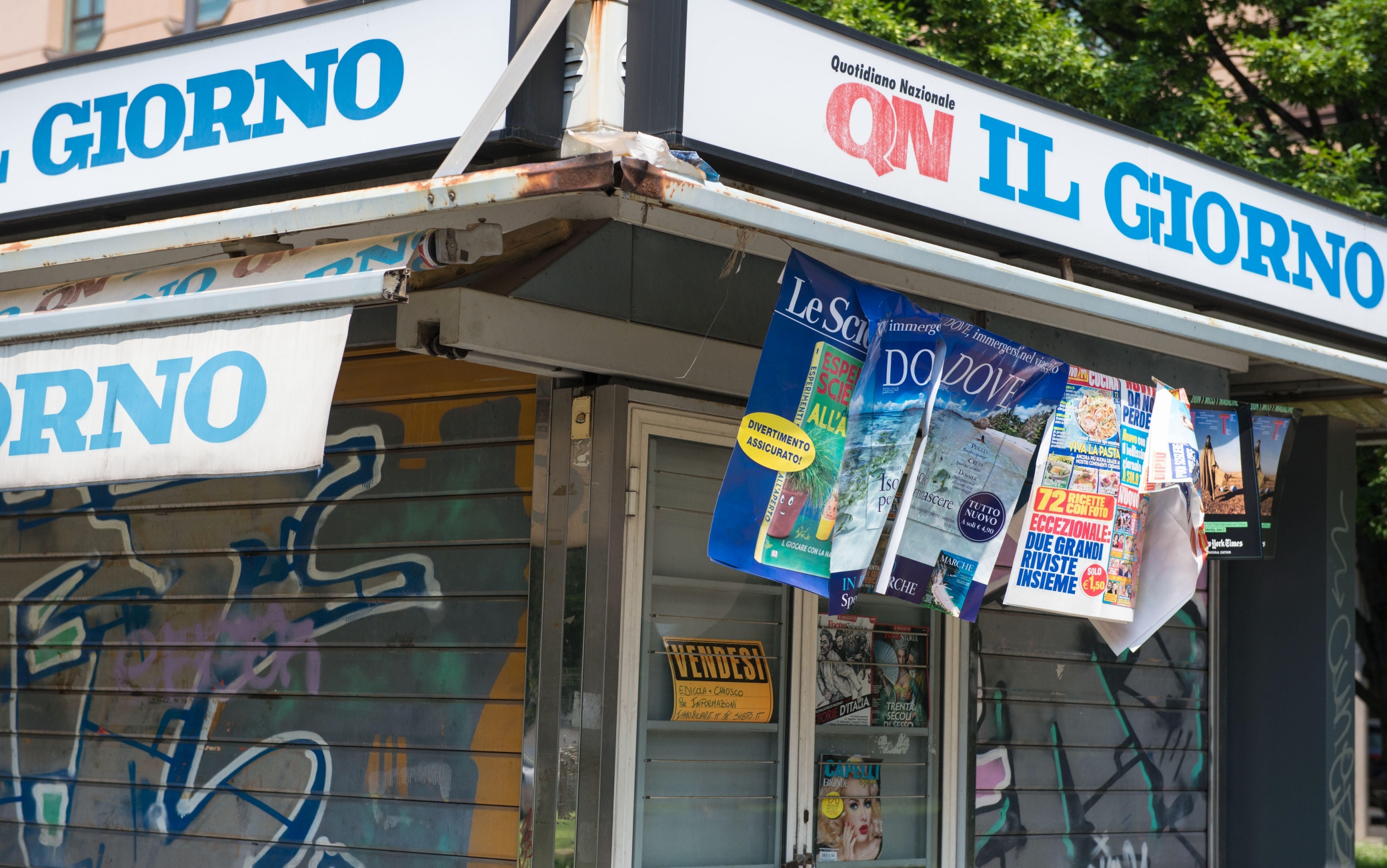 Milano. Closed newsstand. Italy.