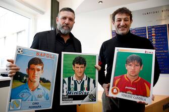 Vincent Candela e Ciro Ferrara partecipano alla presentazione dell'album delle figurine dei calciatori Panini 2022-2023 presso la sede della Lega Calcio in via Rosellini a Milano, 12 gennaio 2023.ANSA/MOURAD BALTI TOUATI