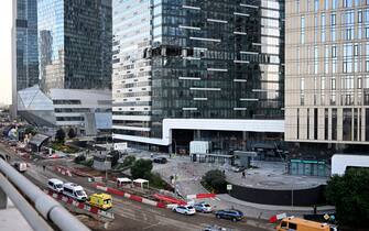 A view of a damaged office block of the Moscow International Business Center (Moskva City) following a reported drone attack in Moscow on July 30, 2023. Three Ukrainian drones were downed over Moscow early on July 30, 2023, Russia's defence ministry said, in an attack that briefly shut an international airport. While one of the drones was shot down on the city's outskirts, two others were "suppressed by electronic warfare" and smashed into an office complex. No one was injured. (Photo by Alexander NEMENOV / AFP) (Photo by ALEXANDER NEMENOV/AFP via Getty Images)