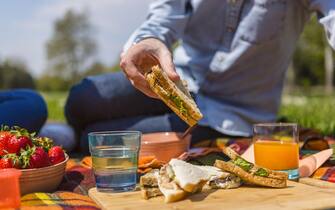 Young couple having a picnic with healthy food in a park