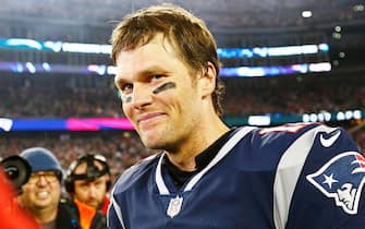 epa09721318 (FILE) - New England Patriots quarterback Tom Brady reacts after defeating the Jacksonville Jaguars in the AFC Championship game in Foxborough, Massachusetts, USA, 21 January 2018 (reissued 29 January 2022). Tom Brady announced on 01 February 2022 that he will be retiring from American Football.  EPA/CJ GUNTHER *** Local Caption *** 56037459