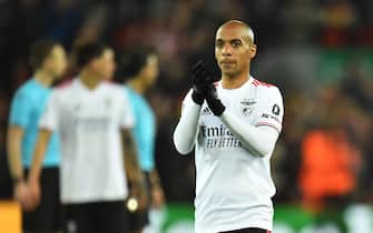 epa09888837 Benfica's Joao Mario reacts after the UEFA Champions League quarter final, second leg soccer match between Liverpool FC and Benfica Lisbon in Liverpool, Britain, 13 April 2022.  EPA/PETER POWELL