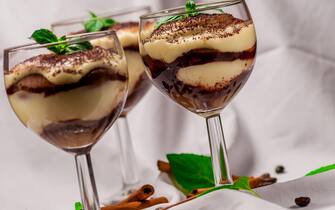 Italian dessert tiramisu with coffee and cinnamon