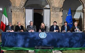 (from L) Italian Justice Minister, Carlo Nordio, Interior Minister, Matteo Piantedosi, Vice Premier, Antonio Tajani, Premier, Giorgia Meloni, and Vice Premier, Matteo Salvini, in Cutro Town Hall during a press conference after a meeting of the Italian Council of Ministers, Cutro, near Crotone, Italy, 09 March 2023. On the agenda there is also a decree law on the regular flows of migrants and the fight against irregular immigration. ANSA / CARMELO IMBESI