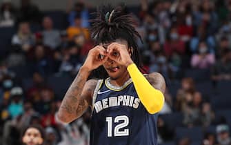 MEMPHIS, TN - DECEMBER 31: Ja Morant #12 of the Memphis Grizzlies celebrates during a game against the San Antonio Spurs on December 31, 2021 at FedExForum in Memphis, Tennessee. NOTE TO USER: User expressly acknowledges and agrees that, by downloading and or using this photograph, User is consenting to the terms and conditions of the Getty Images License Agreement. Mandatory Copyright Notice: Copyright 2021 NBAE (Photo by Joe Murphy/NBAE via Getty Images)