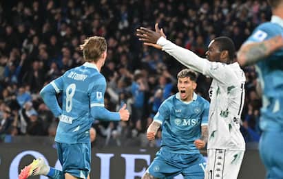 Mandatory Credit: Photo by Ciro De Luca/ZUMA Press Wire/Shutterstock (15253852b)
Napoli's Scott McTonimay celebrates after scoring their first gol during Serie A soccer match SSC Napoli - Empoli FC Stadio Maradona on April 14, 2025 in Naples , Italy.
Napoli - Empoli - Serie A TIM, Naples, Campania, Italy - 14 Apr 2025