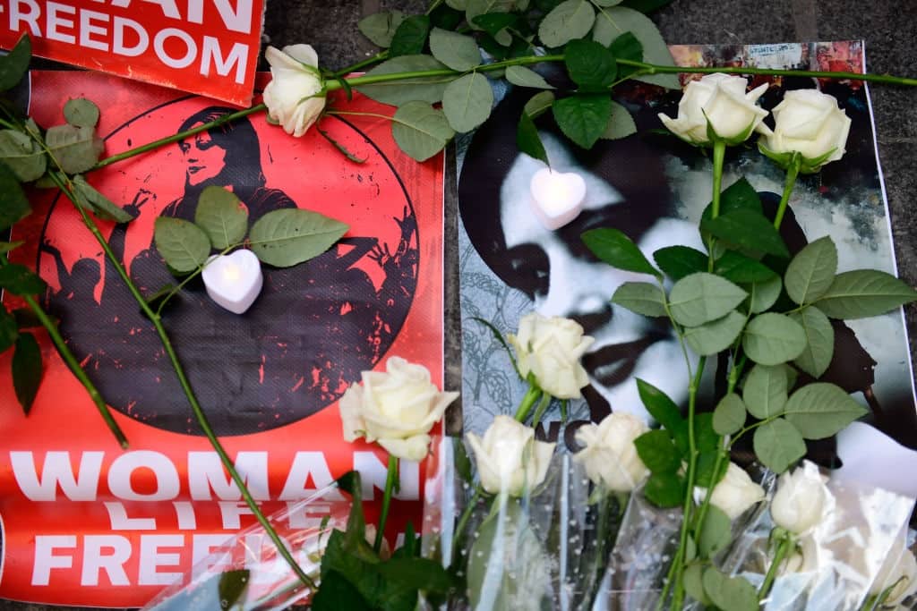 ISTANBUL, TURKIYE- OCTOBER 31: Protests in Iran, which started with the death of 22-year-old Mahsa Amini after being detained on the grounds that she did not comply with the headscarf rules, continue at the Iranian consulate on October 31, 2022 in Ä°stanbul, Turkey. (Photo by  Omer Kuscu/ dia images via Getty Images)