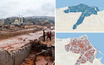 TOPSHOT - People look at the damage caused by freak floods in Derna, eastern Libya, on September 11, 2023. Flash floods in eastern Libya killed more than 2,300 people in the Mediterranean coastal city of Derna alone, the emergency services of the Tripoli-based government said on September 12. (Photo by AFP) (Photo by -/AFP via Getty Images)