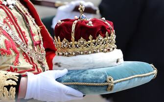 EDINBURGH, SCOTLAND - JULY 05: A general view of the Scottish Crown Jewels being carried ahead of a national service of thanksgiving and dedication to the coronation of King Charles III and Queen Camilla at St Giles' Cathedral on July 05, 2023 in Edinburgh, Scotland. During the service of thanksgiving and dedication for the Coronation of King Charles III and Queen Camilla, the Honours of Scotland (the Scottish crown jewels) are presented to the new King. The service is based on a similar service held at St Giles' 70 years ago to mark the coronation of Queen Elizabeth II but unlike the 1953 service, the Stone of Destiny, on which ancient Scottish kings were crowned, will be present in the cathedral. (Photo by Chris Jackson - WPA Pool/Getty Images)
