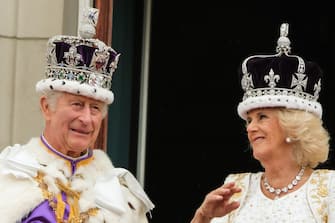 His Majesty The King Charles III and Her Majesty Queen Camilla photographed as the Royal Family gather on the balcony following the Coronation of Their Majesties King Charles III and Queen Camilla at Buckingham Palace in London, UK on 06 May 2023., Credit:Julie Edwards / Avalon