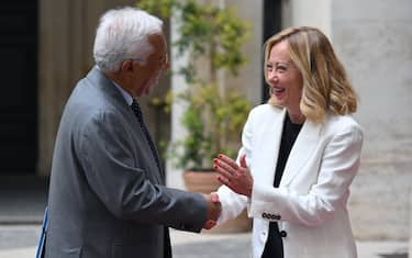 Italian Prime Minister Giorgia Meloni (R) welcomes President of the European Council Antonio Luis Santos da Costa at the Chigi palace in Rome, Italy, 22 July 2024.  ANSA/ETTORE FERRARI