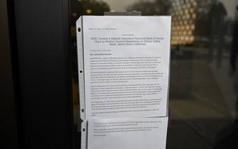 SANTA CLARA, CA - MARCH 10: A press release statement is seen on the doors of Silicon Valley Bank headquarters in Santa Clara, California, United States on March 10, 2023.US regulators have shut down Silicon Valley Bank (SVB) amid its sudden collapse, the Federal Deposit Insurance Corporation (FDIC) announced in a statement on Friday. (Photo by Tayfun Coskun/Anadolu Agency via Getty Images)