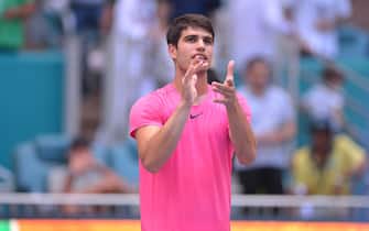 MIAMI GARDENS, FLORIDA - MARCH 28: Carlos Alcaraz (ESP) celebrates after his win against Tommy Paul (USA) during The Miami Open presented by Itaú at Hard Rock Stadium on March 28, 2023 in Miami Gardens, Florida. (Photo by JL/Sipa USA)