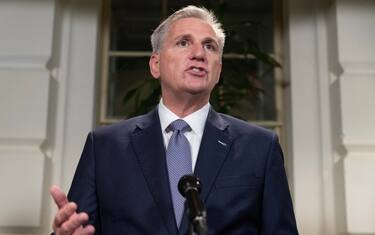 epa10892226 US Speaker of the House Kevin McCarthy speaks to members of the news media following a meeting of the House Republican Conference on Capitol Hill in Washington, DC, USA, 30 September 2023. Speaker McCarthy announced the House will vote on a stop-gap government funding measure. The Senate and House of Representatives are working on measures to avert a government shutdown before a 01 October deadline.  EPA/MICHAEL REYNOLDS