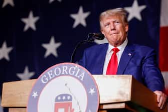 COLUMBUS, GEORGIA - JUNE 10: Former U.S. President Donald Trump delivers remarks during the Georgia state GOP convention at the Columbus Convention and Trade Center on June 10, 2023 in Columbus, Georgia. On Friday, former President Trump was indicted by a federal grand jury on 37 felony counts in Special Counsel Jack Smithâ  s classified documents probe. (Photo by Anna Moneymaker/Getty Images)
