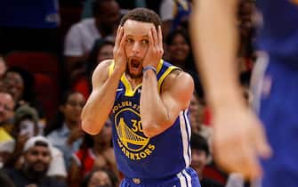 HOUSTON, TEXAS - OCTOBER 29: Stephen Curry #30 of the Golden State Warriors reacts after making a three point shot in the second half against the Houston Rockets at Toyota Center on October 29, 2023 in Houston, Texas.  NOTE TO USER: User expressly acknowledges and agrees that, by downloading and or using this photograph, User is consenting to the terms and conditions of the Getty Images License Agreement. (Photo by Tim Warner/Getty Images)