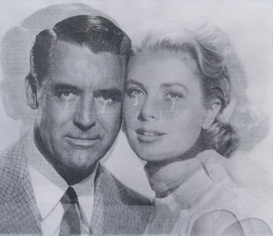 CARY GRANT WAS AN EMBROIDERER (GRACE KELLY EDITION), 2000. B/W laserprint on canvas, metallic embroidery. 51.5 - 56 cm. Courtesy of the artist