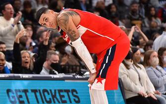 MEMPHIS, TENNESSEE - JANUARY 29: Kyle Kuzma #33 of the Washington Wizards reacts during the second half against the Memphis Grizzlies at FedExForum on January 29, 2022 in Memphis, Tennessee. NOTE TO USER: User expressly acknowledges and agrees that, by downloading and or using this photograph, User is consenting to the terms and conditions of the Getty Images License Agreement. (Photo by Justin Ford/Getty Images)