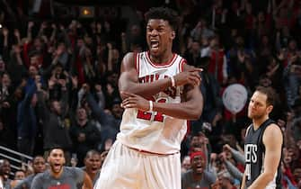 CHICAGO, IL - DECEMBER 28: Jimmy Butler #21 of the Chicago Bulls celebrates after making the game winning shot against the Brooklyn Nets on December 28, 2016 at the United Center in Chicago, Illinois. NOTE TO USER: User expressly acknowledges and agrees that, by downloading and or using this Photograph, user is consenting to the terms and conditions of the Getty Images License Agreement. Mandatory Copyright Notice: Copyright 2016 NBAE (Photo by Gary Dineen/NBAE via Getty Images)