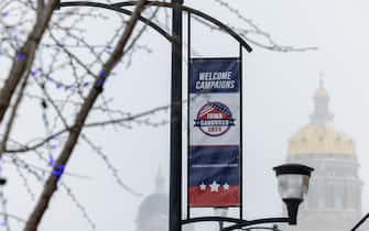 The Iowa State Capitol building is seen behind a sign welcoming presidential campaigns to Iowa during a blizzard in Des Moines, Iowa on January 12, 2024. Photo by Julia Nikhinson/ABACAPRESS.COM