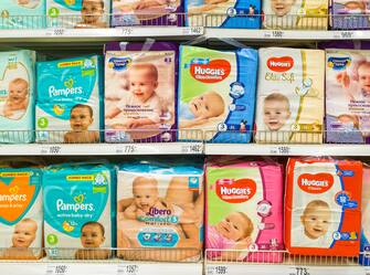 Moscow, Russia - Feb 12. 2019. diapers for children in large store network Auchan