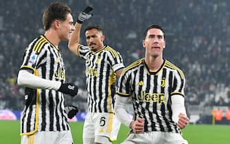 Juventus' Dusan Vlahovic jubilates with his teammates after scoring the goal (1-0) during the Italian Serie A soccer match Juventus FC vs US Sassuolo at the Allianz Stadium in Turin, Italy, 16 January 2024.
ANSA/ALESSANDRO DI MARCO