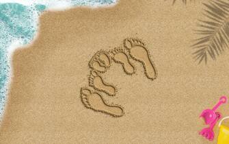 Family footprint on sandy beach, travel and family trip concept, top view of sand beach, summer times idea, palm shadow and sea wave toys composition