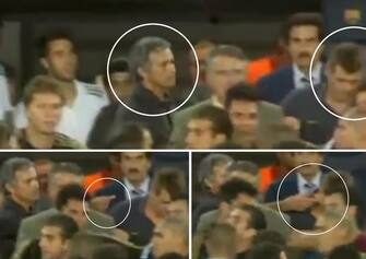 Combo di tre frame del servizio trasmesso da Sky Tg24 in cui si vede la ''ditata '' di Mourinho ai danni di Vilanova al termine di Barcellona-Real Madrid, 17 agosto 2011. L'allenatore del Real Madrid JosÃ© Mourinho interrogato sul turbolento finale di partita, quando avrebbe infilato un dito in un occhio di Tito Vilanova, il vice di Pep Guardiola, Mou ha risposto: ''Se l'immagine del Real e' il mio dito nell'occhio de Vilanova? Non conosco questo signore, non so chi sia e come si chiama e comunque l'arbitro e' li' per fischiare quello che ritiene giusto fischiare: giudica lui, io vado in campo per giocare come un uomo''. ANSA / SKY TG24