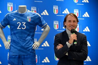 ROME, ITALY - JANUARY 18: Italy head coach Roberto Mancini talks to media during the unveiling of the partnership between FIGC & adidas on January 18, 2023 in Rome, Italy. (Photo by Marco Rosi/Getty Images)