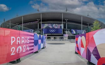 Paris, France - 07 19 2024: Paris 2024 new Olympic infrastructure. Exterior view of the Stade de France building in Saint-Denis