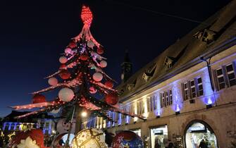 France, Doubs, Montbeliard, Place Denfert-Rochereau, Halles, Christmas market, merry-go-round