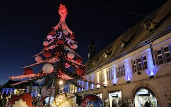 France, Doubs, Montbeliard, Place Denfert-Rochereau, Halles, Christmas market, merry-go-round
