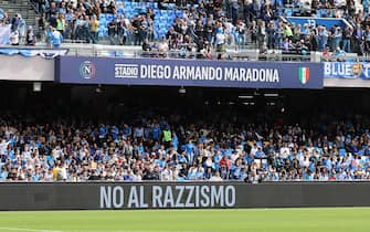 NAPLES, ITALY - MARCH 30: Stadio Diego Armando Maradona's leds with the words no to racism before the Serie A TIM match between SSC Napoli and Atalanta BC at Stadio Diego Armando Maradona on March 30, 2024 in Naples, Italy. (Photo by Francesco Pecoraro/Getty Images)