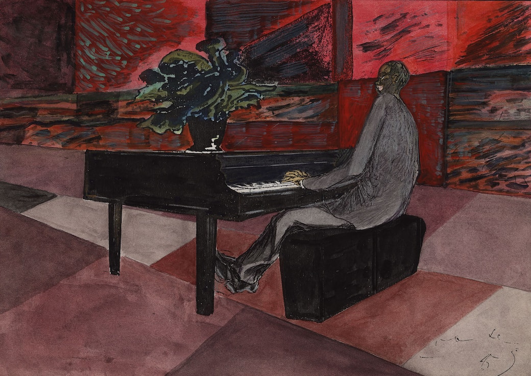 Supercharleston al piano, da “Razmataz”, 1996 Matite colorate, inchiostro, tempera e tecnica mista su carta, 21x29,5 cm Archivio Paolo Conte, Asti