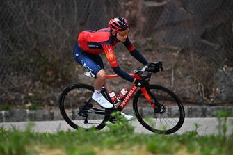 BRENTONICO SAN VALENTINO, ITALY - APRIL 19: Tao Geoghegan Hart of United Kingdom and Team INEOS Grenadiers - Green leader jersey competes during the 46th Tour of the Alps 2023, Stage 3 a 162.5km stage from Ritten to Brentonico San Valentino 1321m on April 19, 2023 in Brentonico San Valentino, Italy. (Photo by Tim de Waele/Getty Images)