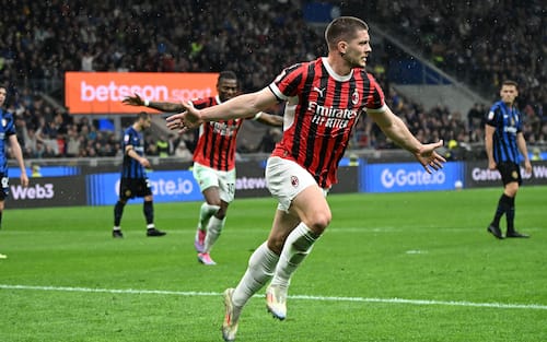 Luka Jovic celebrate during the Coppa Italia second leg semi-final football match between Inter Milan and AC Milan, in Milan on April 23, 2025