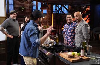 MASTERCHEF: L-R: Contestant with judges Aarón Sánchez and Joe Bastianich in the “Regional Auditions - The Northeast” season premiere episode of MASTERCHEF airing Wednesday, May 24 (8:00-9:02 PM ET/PT) on FOX. © 2023 FOXMEDIA LLC. Cr: FOX.