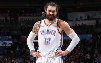 OKLAHOMA CITY, OK- DECEMBER 17: Steven Adams #12 of the Oklahoma City Thunder smiles during the game against the Chicago Bulls on December 17, 2018 at Chesapeake Energy Arena in Oklahoma City, Oklahoma. NOTE TO USER: User expressly acknowledges and agrees that, by downloading and or using this photograph, User is consenting to the terms and conditions of the Getty Images License Agreement. Mandatory Copyright Notice: Copyright 2018 NBAE (Photo by Zach Beeker/NBAE via Getty Images)