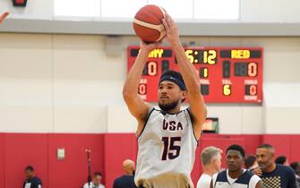 LAS VEGAS, NV - JULY 6: Devin Booker #15 of the USA Basketball Men's Team shoots the ball during USAB Men's Training Camp in Las Vegas on July 06, 2024 in Las Vegas Nevada. NOTE TO USER: User expressly acknowledges and agrees that, by downloading and/or using this Photograph, user is consenting to the terms and conditions of the Getty Images License Agreement. Mandatory Copyright Notice: Copyright 2024 NBAE (Photo by Brian Babineau/NBAE via Getty Images)