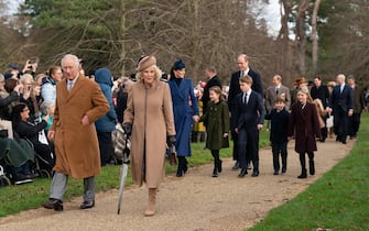 (left to right) King Charles III, Queen Camilla, the Princess of Wales, Princess Charlotte, Prince George, the Prince of Wales and Prince Louis attending the Christmas Day morning church service at St Mary Magdalene Church in Sandringham, Norfolk. Picture date: Monday December 25, 2023. (Photo by Joe Giddens/PA Images via Getty Images)