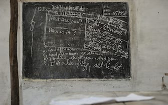 Blackboard in a school in a refugee camp. Aroud 16; 000 Internally Displaced People live in the region of Rutshuru in North Kivu and Kiwanja. Still further west of the region fighting continues between government forces; Mai Mai-Meliz and rebel forces; such as the FDLR and the CNDP. Throughout the Democratic Republic of Congo; formerly Zaire; more than 1.5 million people are on the run.