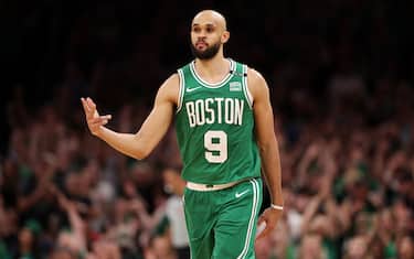 BOSTON, MASSACHUSETTS - JUNE 17: Derrick White #9 of the Boston Celtics celebrates after a three point basket against the Dallas Mavericks during the fourth quarter of Game Five of the 2024 NBA Finals at TD Garden on June 17, 2024 in Boston, Massachusetts. NOTE TO USER: User expressly acknowledges and agrees that, by downloading and or using this photograph, User is consenting to the terms and conditions of the Getty Images License Agreement. (Photo by Elsa/Getty Images)