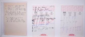 The manuscripts of working lyrics for (L-R) 'Don't Stop Me Now', 'Somebody to Love', and 'We Are The Champions', autographed by British singer-songwriter Freddie Mercury, are displayed during the media preview for "Freddie Mercury: A World of His Own: The Evening Sale" at Sotheby's in New York City on June 1, 2023. More than 1,500 items from Mercury's private collection, including costumes and unique objects as well as the draft lyrics, will feature in the eventual auctions on September 6-8 in London and online August 4-September 11. The auction is expected to fetch at least Â£6 million ($7.5 million). (Photo by TIMOTHY A. CLARY / AFP) (Photo by TIMOTHY A. CLARY/AFP via Getty Images)